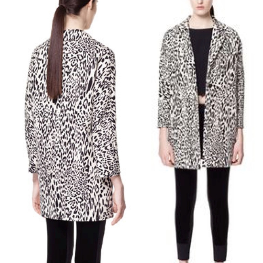 Zara White Leopard Print Oversize Car Coat Black M - Picture 5 of 8
